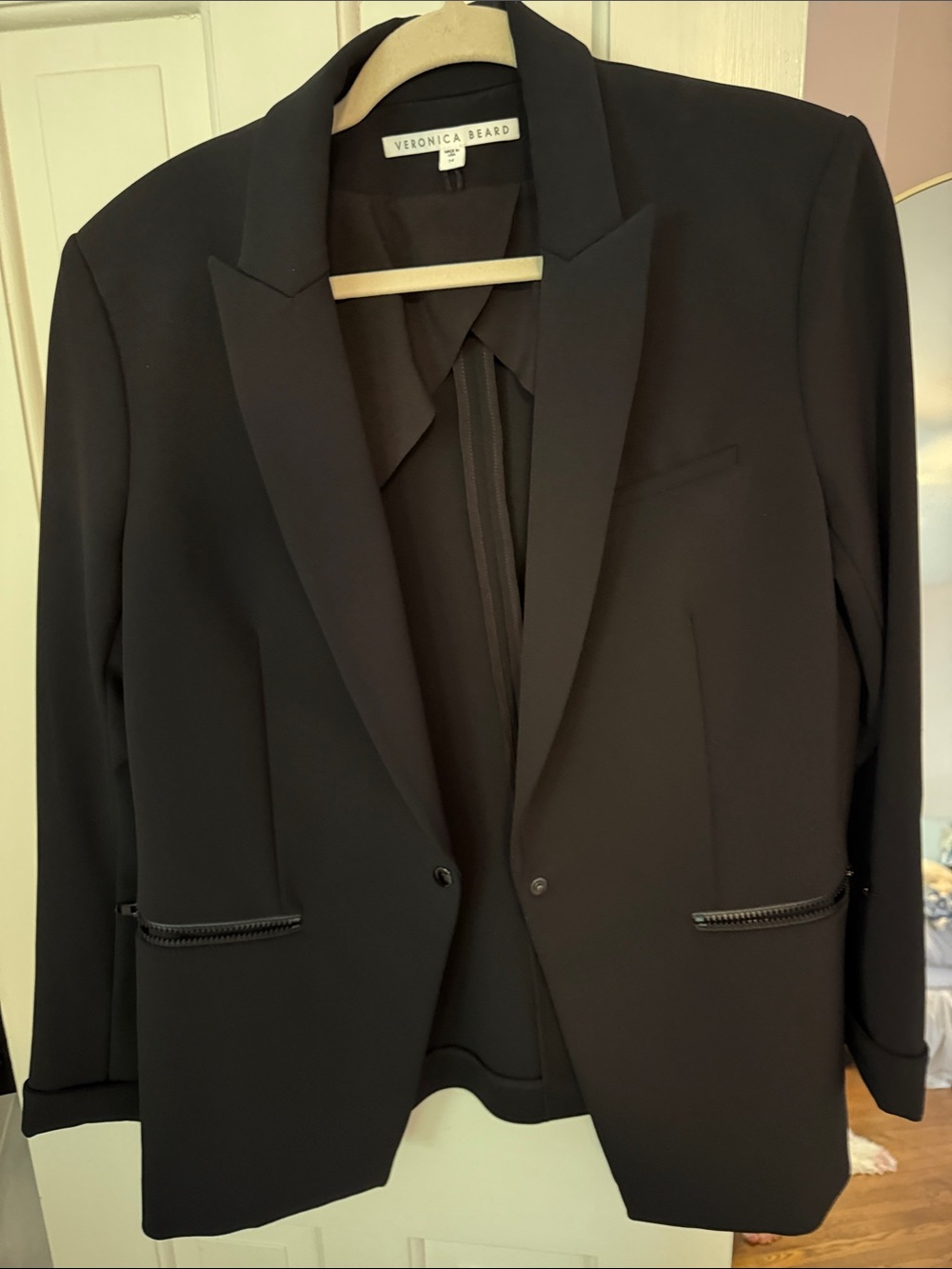 Veronica Beard Black Notch-Lapel Blazer with Zip Pockets